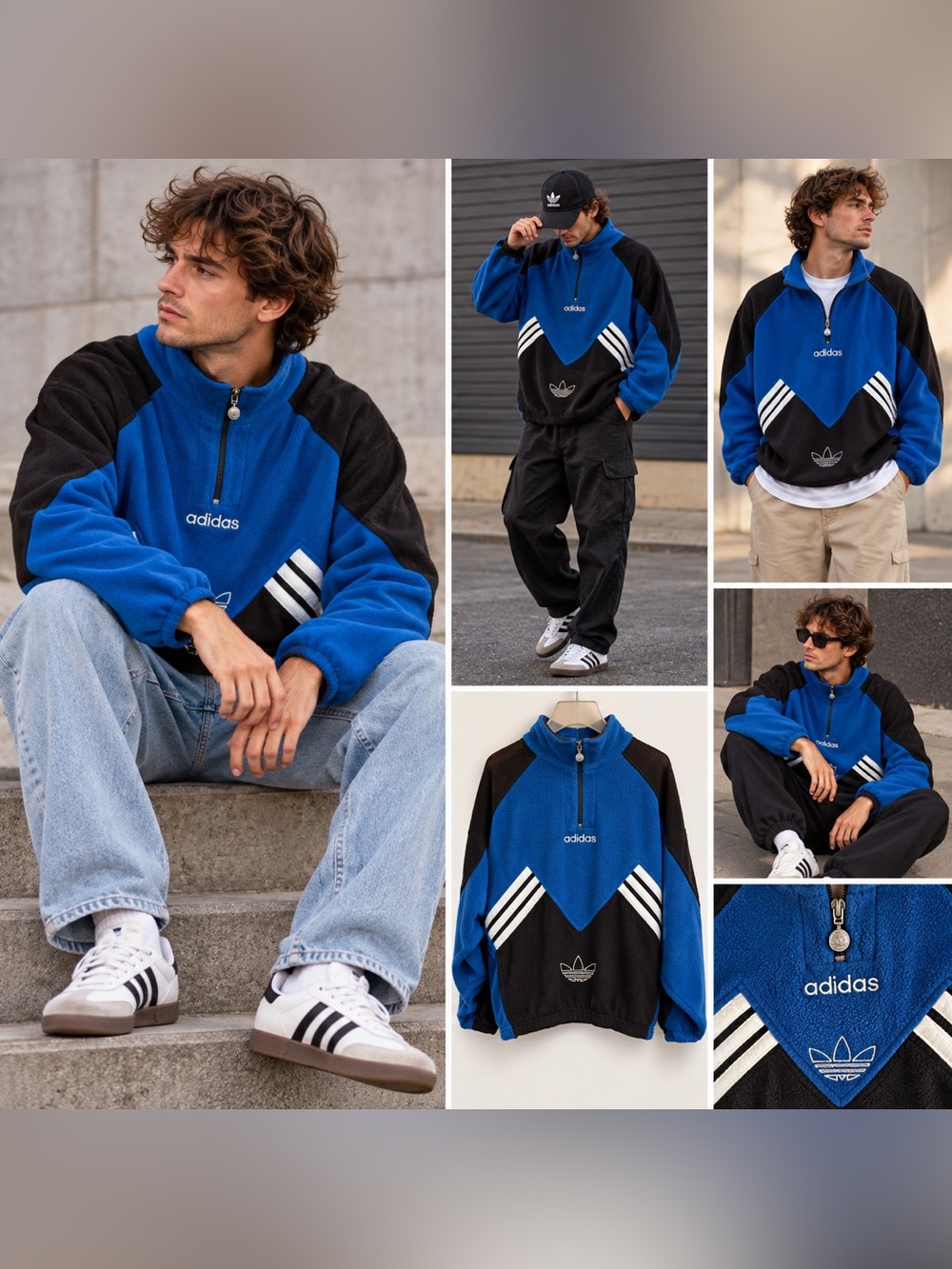 Vintage 90s Adidas Trefoil Blue Black Half-Zip Fleece Pullover Men’s L